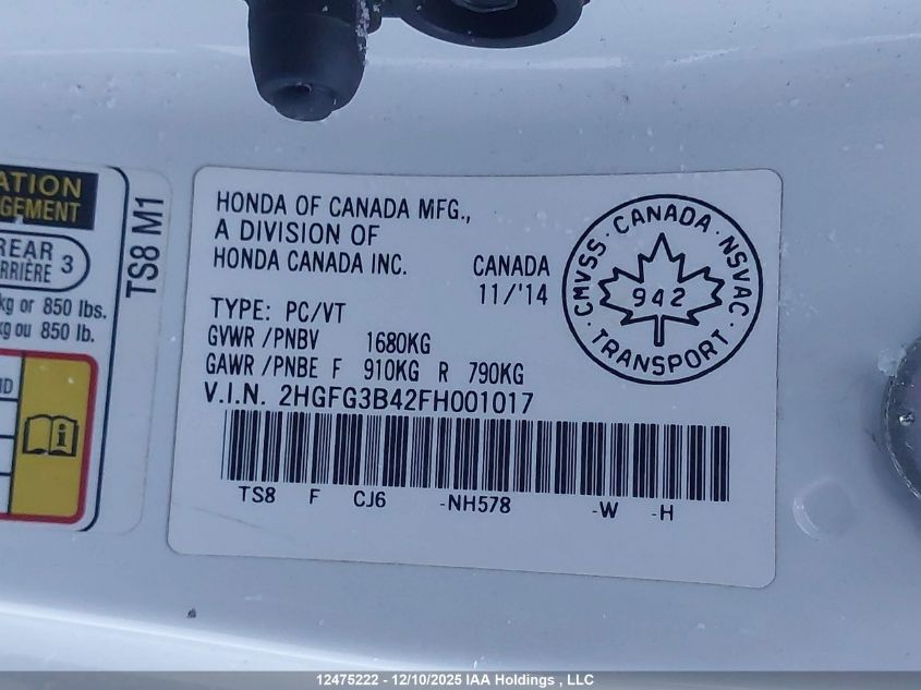 2015 Honda Civic Lx VIN: 2HGFG3B42FH001017 Lot: 12475222