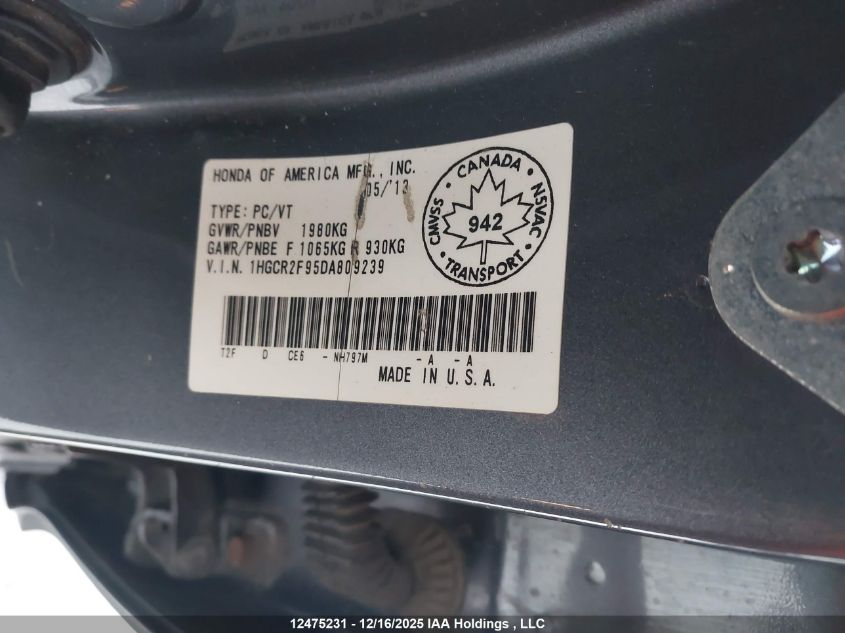 2013 Honda Accord Touring VIN: 1HGCR2F95DA809239 Lot: 12475231