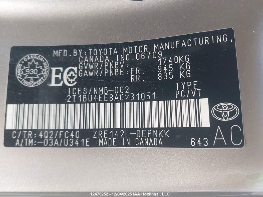 2010 Toyota Corolla S/Le/Xle VIN: 2T1BU4EE8AC231051 Lot: 12475252