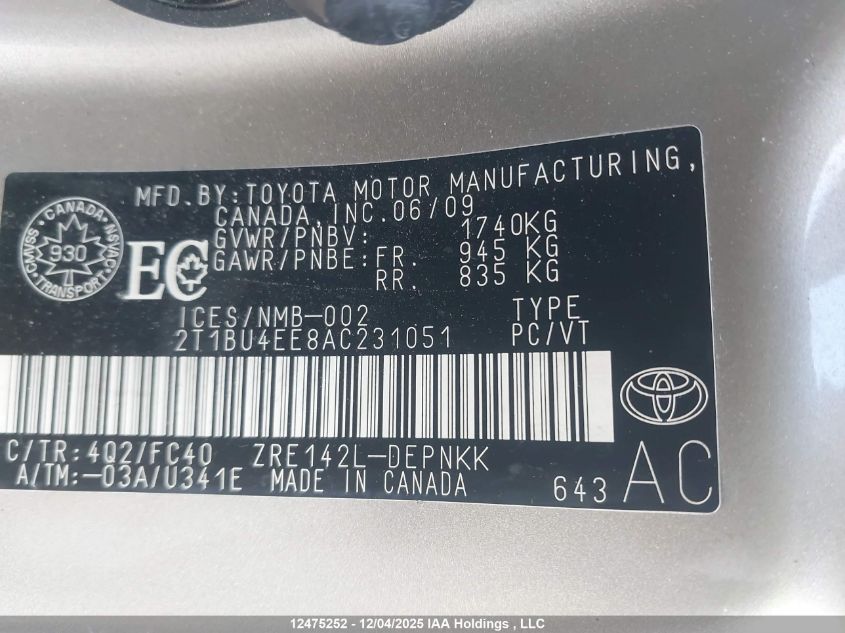 2010 Toyota Corolla S/Le/Xle VIN: 2T1BU4EE8AC231051 Lot: 12475252