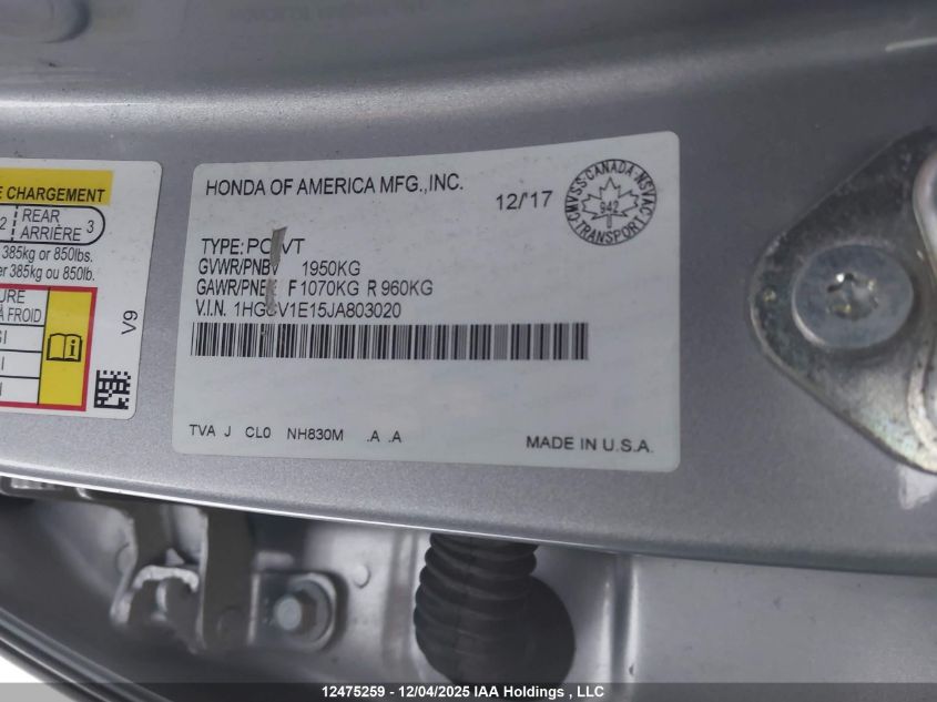 2018 Honda Accord Lx VIN: 1HGCV1E15JA803020 Lot: 12475259