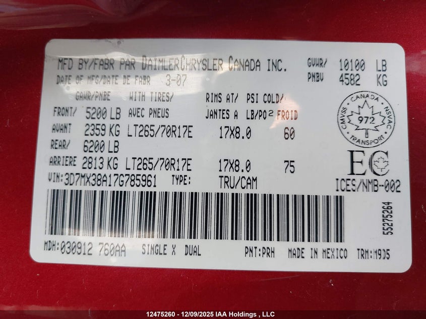 3D7MX38A17G785961 2007 DODGE RAM photo no. 9
