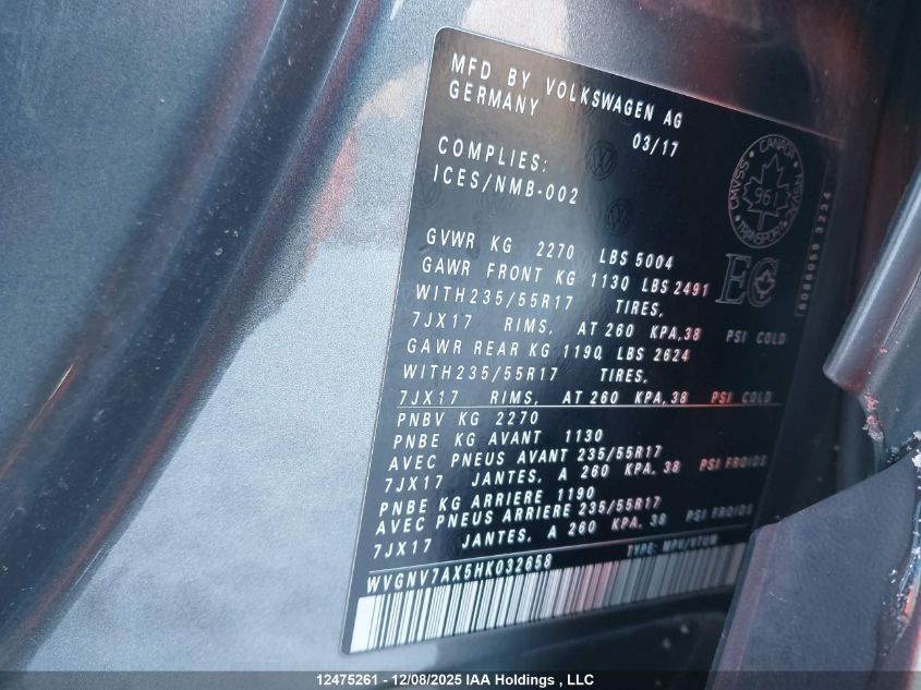 2017 Volkswagen Tiguan VIN: WVGNV7AX5HK032658 Lot: 12475261