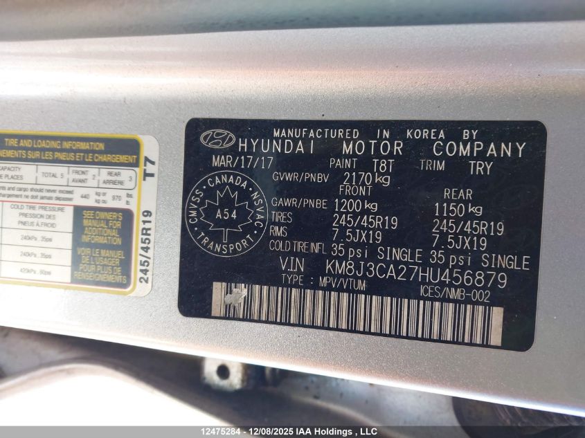 2017 Hyundai Tucson Se VIN: KM8J3CA27HU456879 Lot: 12475284