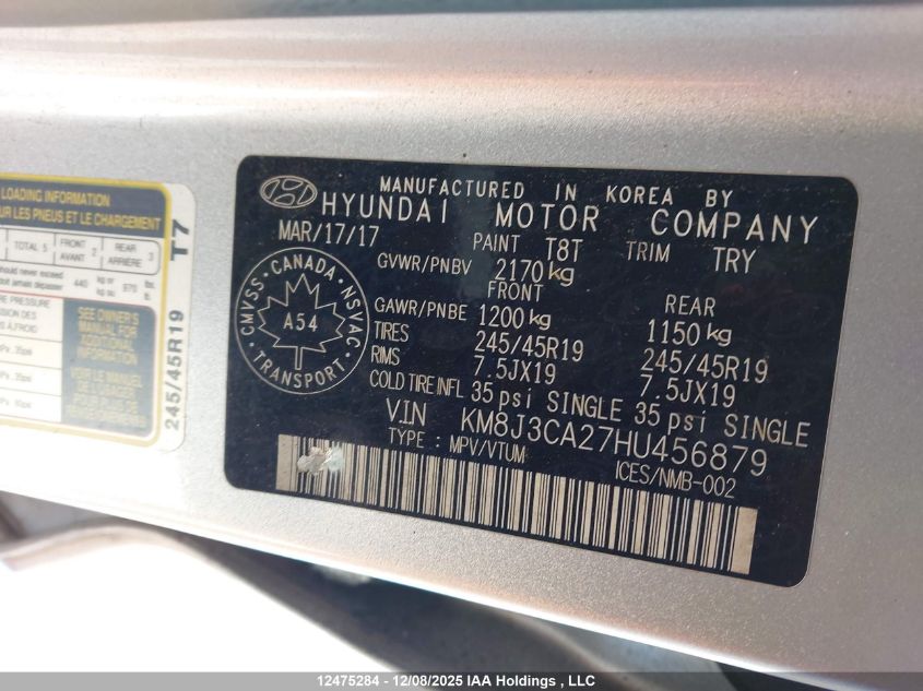 2017 Hyundai Tucson Se VIN: KM8J3CA27HU456879 Lot: 12475284