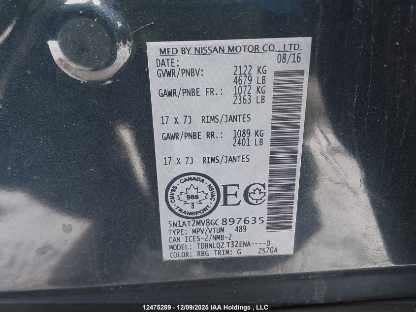 2016 Nissan Rogue S/Sl Premium/Sv VIN: 5N1AT2MV8GC897635 Lot: 12475289