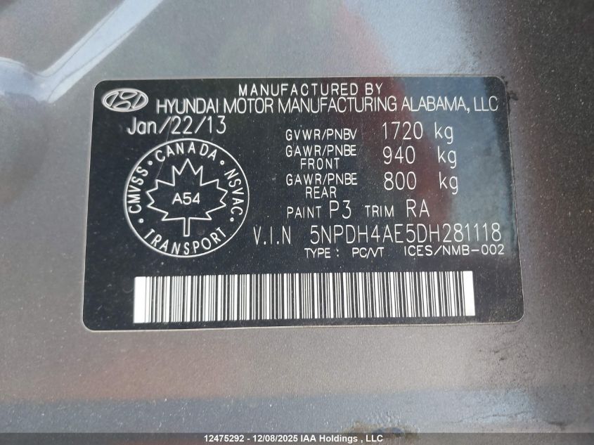 2013 Hyundai Elantra Gls/Limited VIN: 5NPDH4AE5DH281118 Lot: 12475292