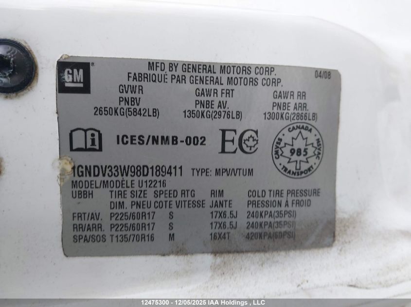 2008 Chevrolet Uplander Lt VIN: 1GNDV33W98D189411 Lot: 12475300