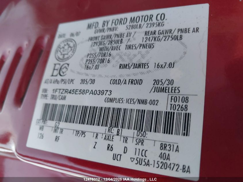 2008 Ford Ranger Fx4 Off-Road/Sport/Xl/Xlt VIN: 1FTZR45E58PA03973 Lot: 12475312