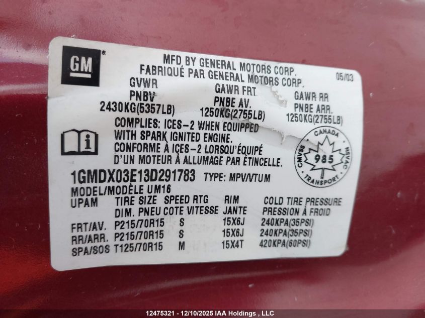 2003 Pontiac Montana Gt/Se VIN: 1GMDX03E13D291783 Lot: 12475321