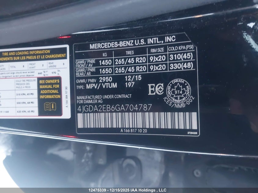 4JGDA2EB6GA704787 2016 MERCEDES-BENZ  photo no. 9