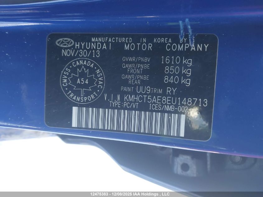 2014 Hyundai Accent Gls/Gs VIN: KMHCT5AE8EU148713 Lot: 12475383