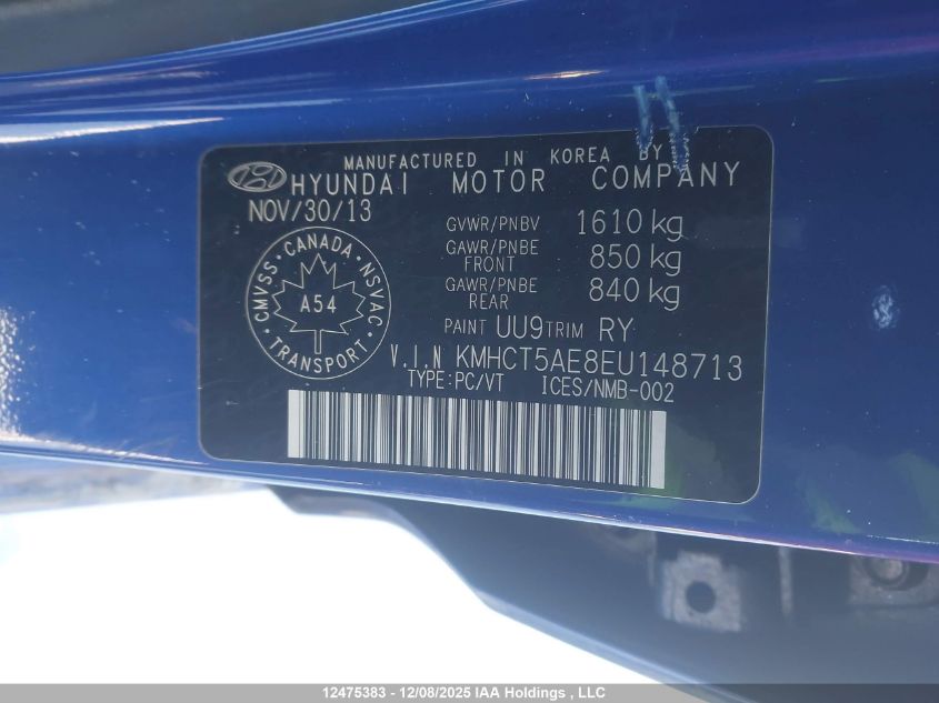 2014 Hyundai Accent Gls/Gs VIN: KMHCT5AE8EU148713 Lot: 12475383