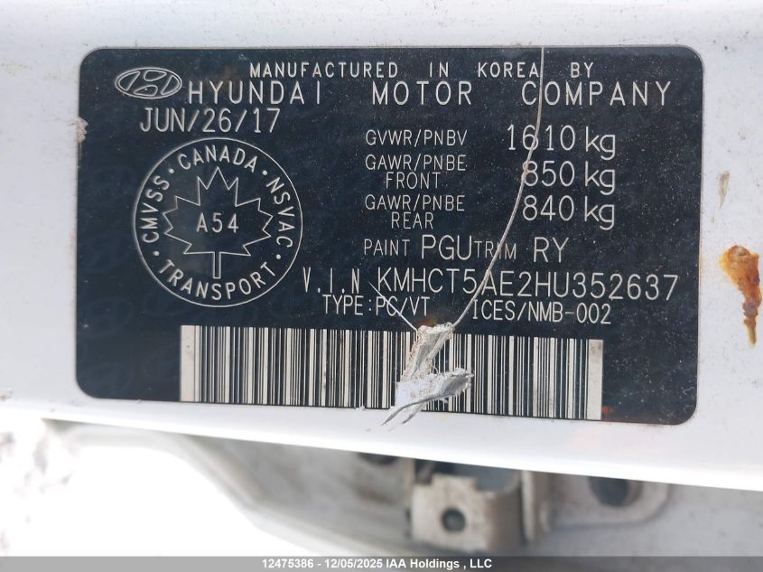 2017 Hyundai Accent Se VIN: KMHCT5AE2HU352637 Lot: 12475386