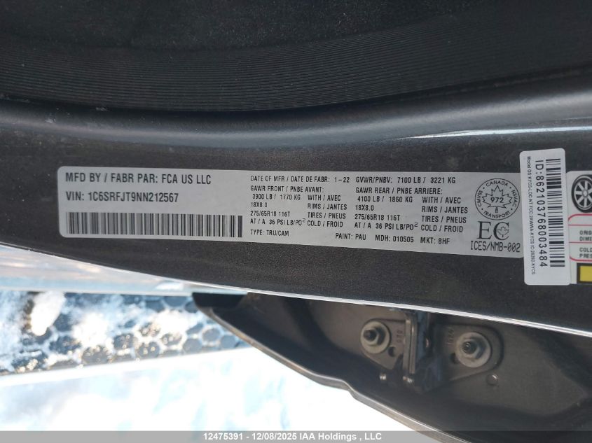 2022 Ram 1500 Laramie VIN: 1C6SRFJT9NN212567 Lot: 12475391