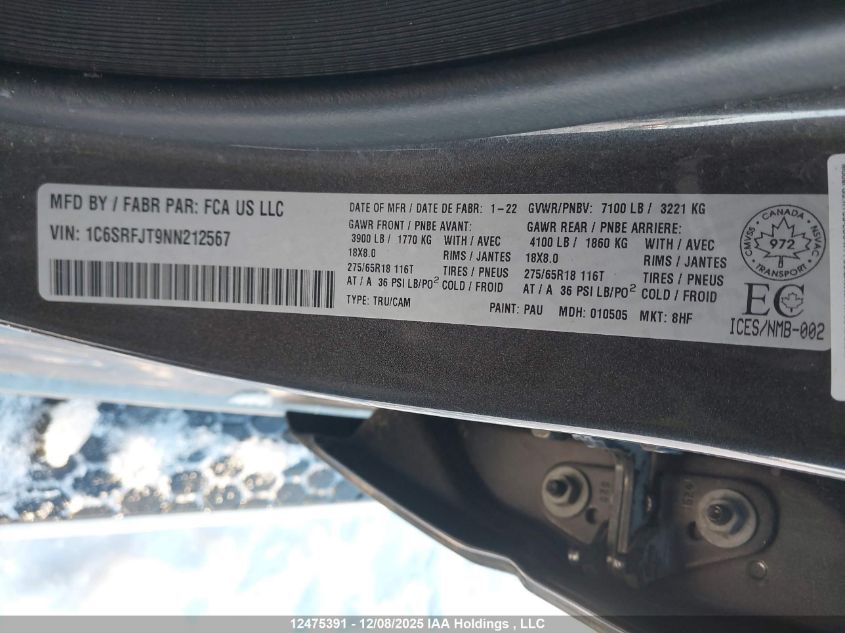 2022 Ram 1500 Laramie VIN: 1C6SRFJT9NN212567 Lot: 12475391