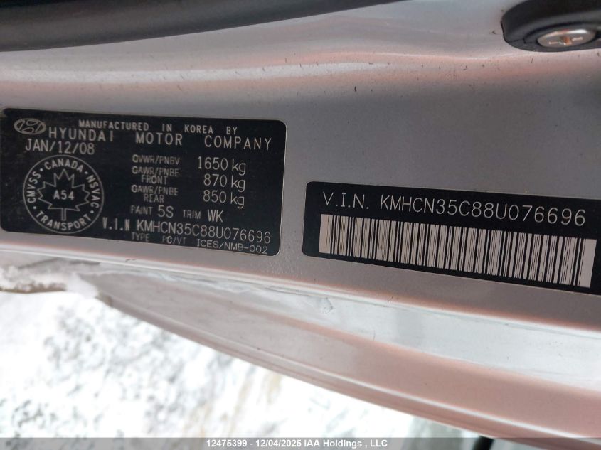2008 Hyundai Accent VIN: KMHCN35C88U076696 Lot: 12475399