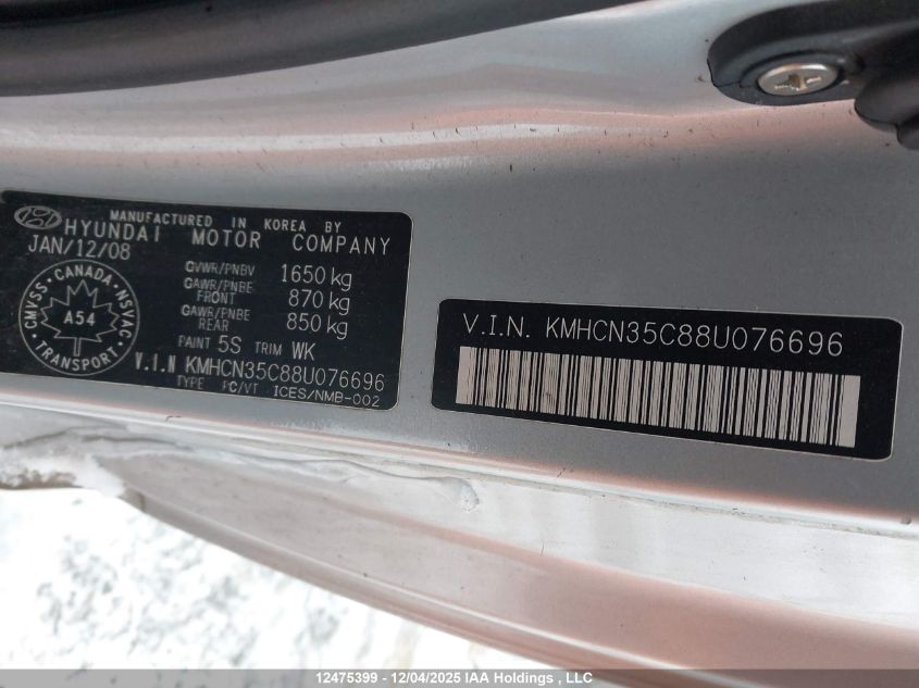 2008 Hyundai Accent VIN: KMHCN35C88U076696 Lot: 12475399