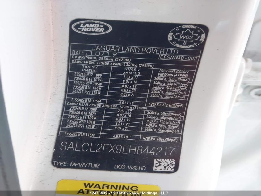 2020 Land Rover Discovery Sport VIN: SALCL2FX9LH844217 Lot: 12475402