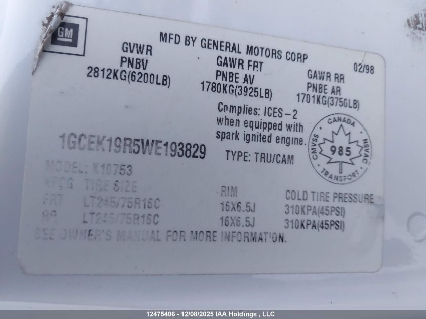 1998 Chevrolet Gmt-400 K1500 VIN: 1GCEK19R5WE193829 Lot: 12475406