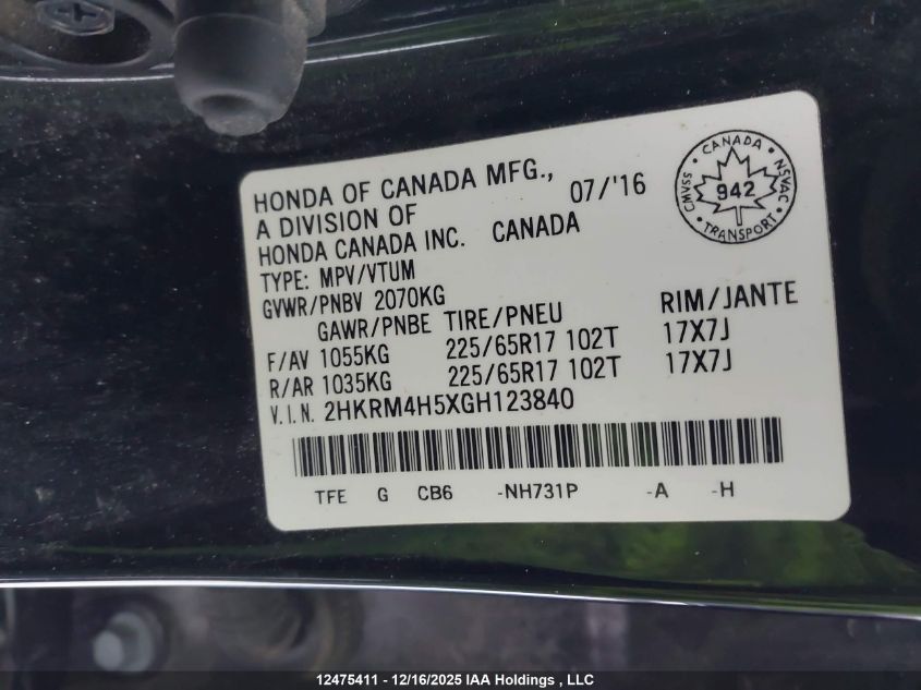 2016 Honda Cr-V Ex VIN: 2HKRM4H5XGH123840 Lot: 12475411