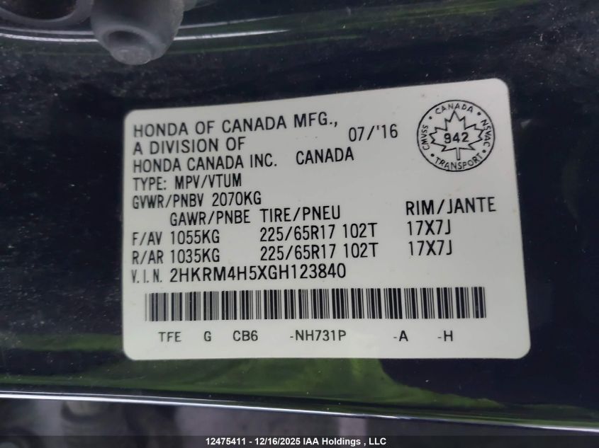 2016 Honda Cr-V Ex VIN: 2HKRM4H5XGH123840 Lot: 12475411