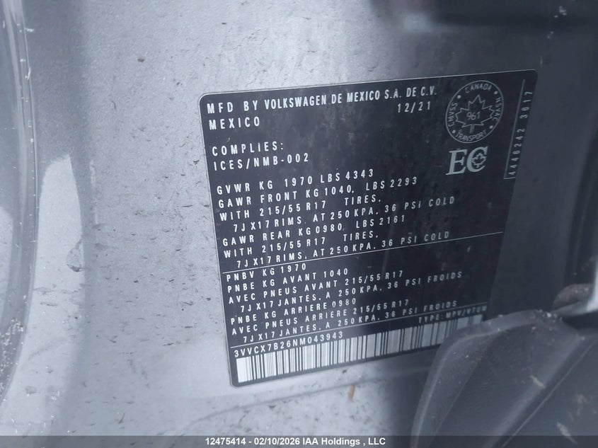 2022 Volkswagen Taos Trendline VIN: 3VVCX7B26NM043943 Lot: 12475414