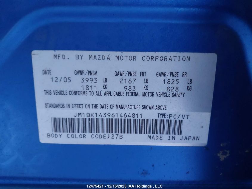 2006 Mazda 3 Hatchback VIN: JM1BK143961464811 Lot: 12475421