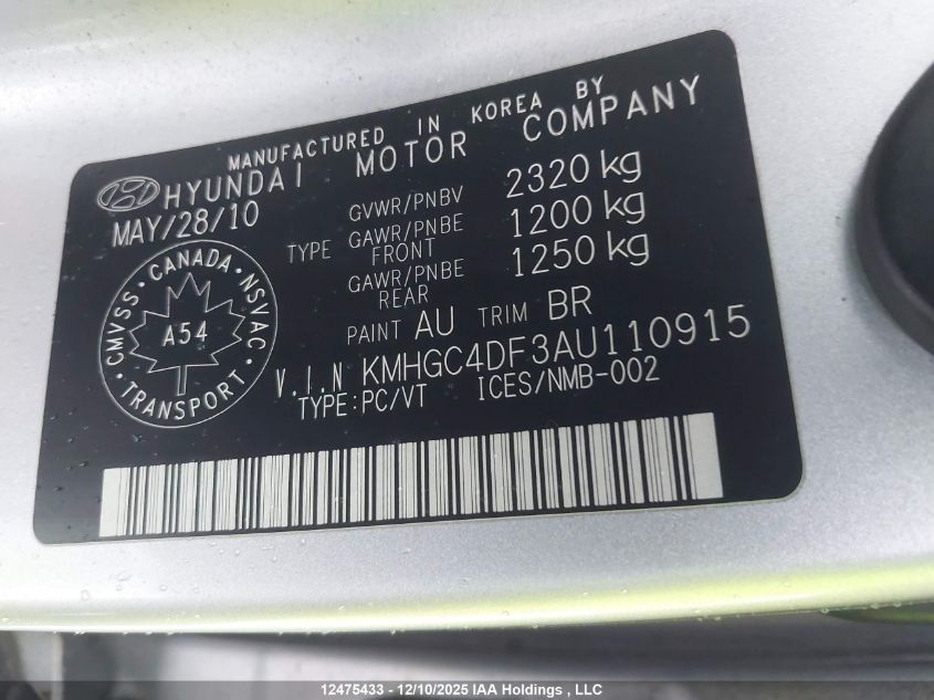 2010 Hyundai Genesis 4.6 Technology VIN: KMHGC4DF3AU110915 Lot: 12475433