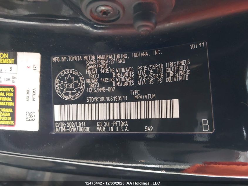 2012 Toyota Sienna Xle V6 VIN: 5TDYK3DC1CS190511 Lot: 12475442