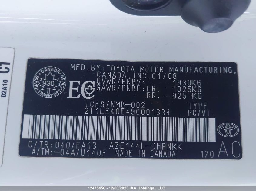 2009 Toyota Matrix VIN: 2T1LE40E49C001334 Lot: 12475456