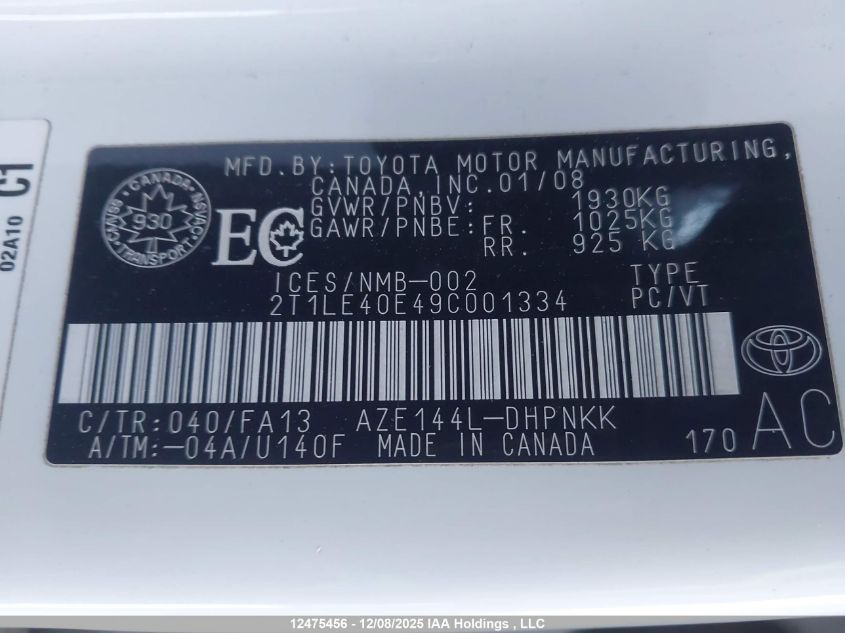 2009 Toyota Matrix VIN: 2T1LE40E49C001334 Lot: 12475456