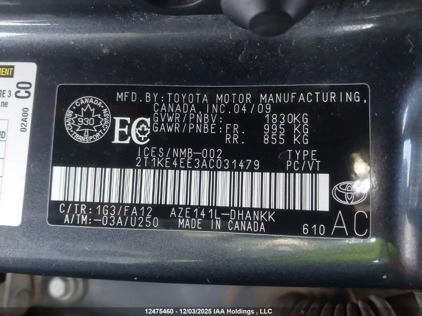 2010 Toyota Corolla Matrix S VIN: 2T1KE4EE3AC031479 Lot: 12475460