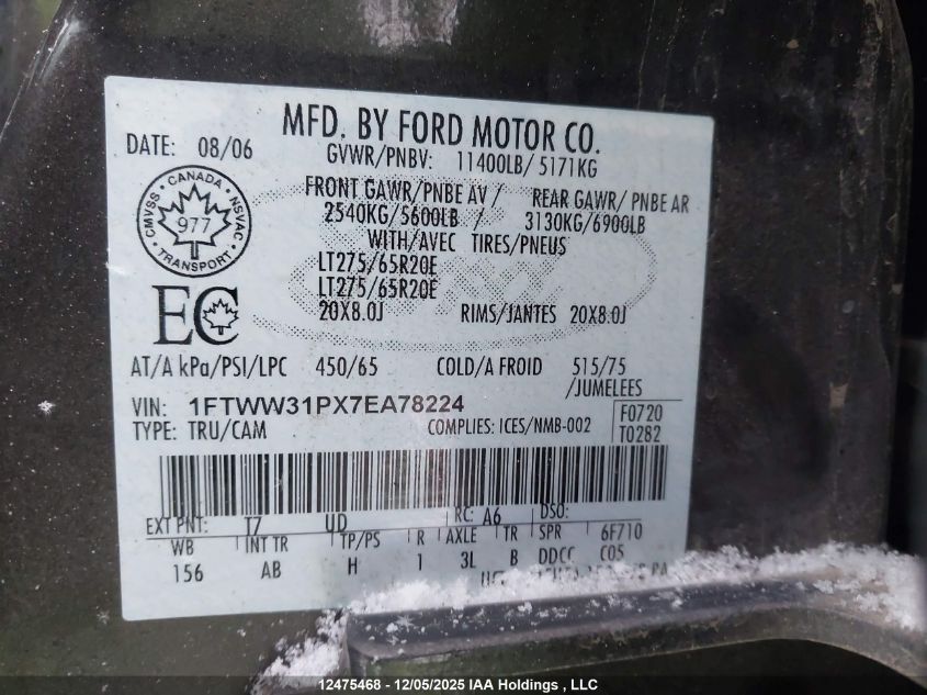 2007 Ford F350 Srw Super Duty VIN: 1FTWW31PX7EA78224 Lot: 12475468