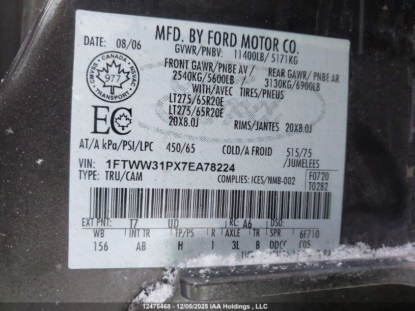 2007 Ford F350 Srw Super Duty VIN: 1FTWW31PX7EA78224 Lot: 12475468