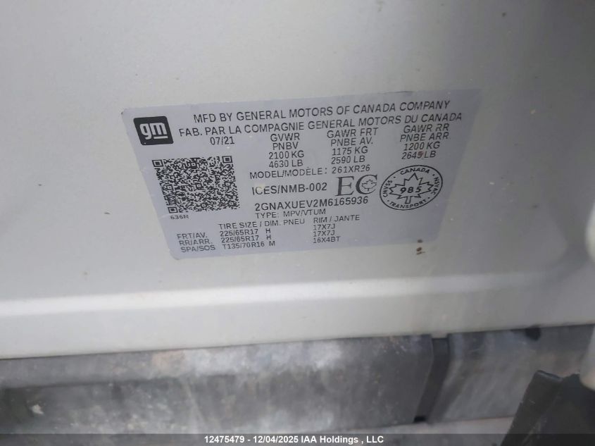 2021 Chevrolet Equinox Lt VIN: 2GNAXUEV2M6165936 Lot: 12475479