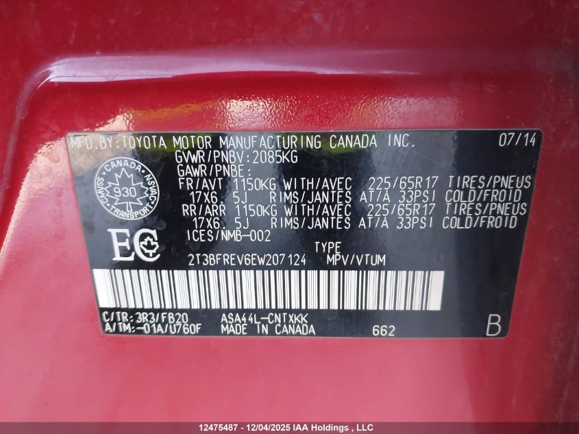 2014 Toyota Rav4 Le VIN: 2T3BFREV6EW207124 Lot: 12475487