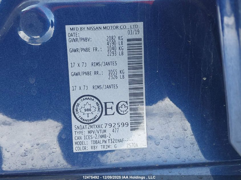 2019 Nissan Rogue S/Sl/Sv VIN: 5N1AT2MTXKC792599 Lot: 12475492