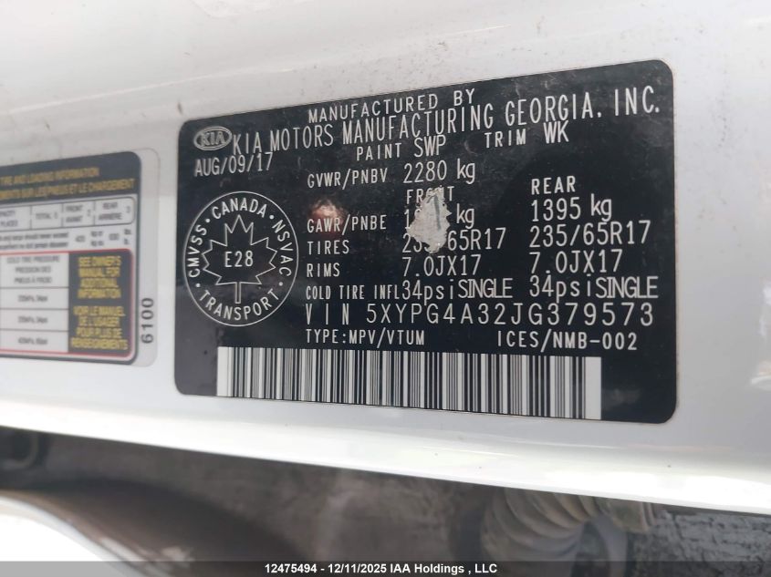 2018 Kia Sorento 2.4L Lx VIN: 5XYPG4A32JG379573 Lot: 12475494