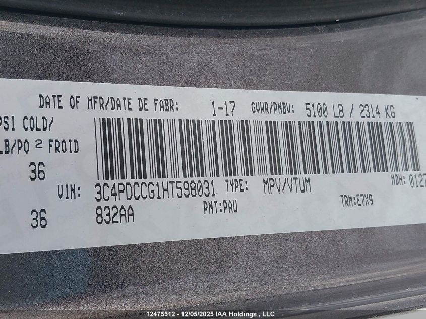 2017 Dodge Journey Sxt VIN: 3C4PDCCG1HT598031 Lot: 12475512