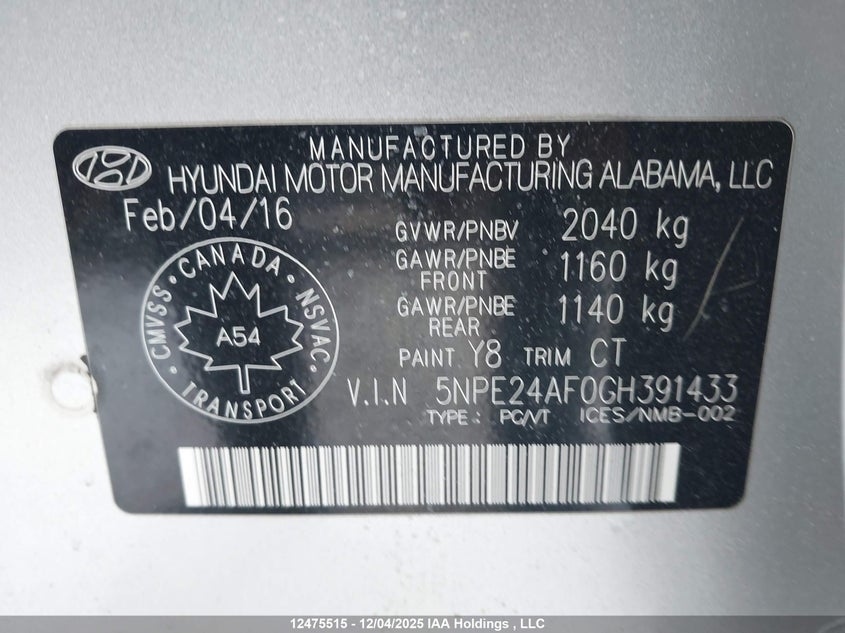 5NPE24AF0GH391433 2016 HYUNDAI SONATA photo no. 9
