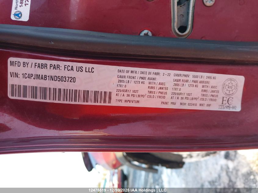 2022 Jeep Cherokee Sport VIN: 1C4PJMAB1ND503720 Lot: 12475519