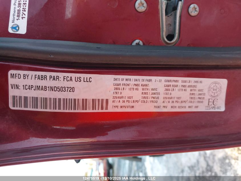 2022 Jeep Cherokee Sport VIN: 1C4PJMAB1ND503720 Lot: 12475519