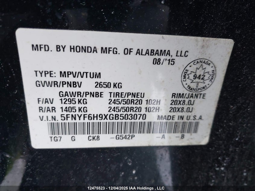 5FNYF6H9XGB503070 2016 HONDA PILOT photo no. 9