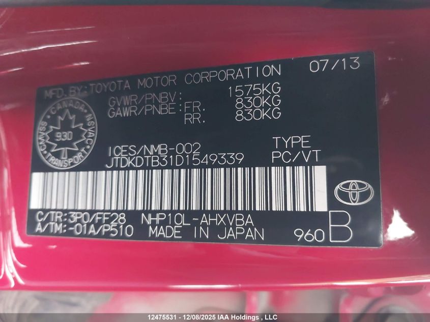 2013 Toyota Prius C VIN: JTDKDTB31D1549339 Lot: 12475531