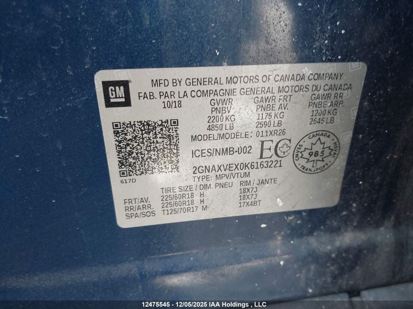 2019 Chevrolet Equinox Lt VIN: 2GNAXVEX0K6163221 Lot: 12475545