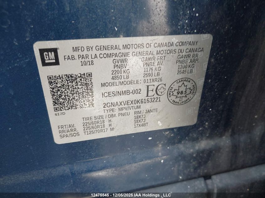 2019 Chevrolet Equinox Lt VIN: 2GNAXVEX0K6163221 Lot: 12475545