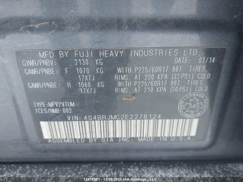 2014 Subaru Outback 3.6R Limited Package VIN: 4S4BRJMC2E2278124 Lot: 12475551