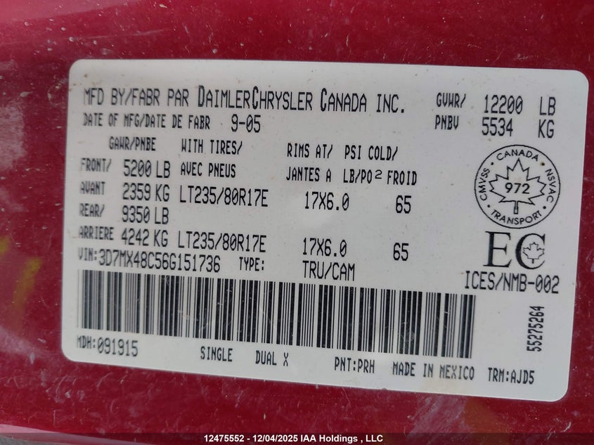 3D7MX48C56G151736 2006 DODGE RAM photo no. 9