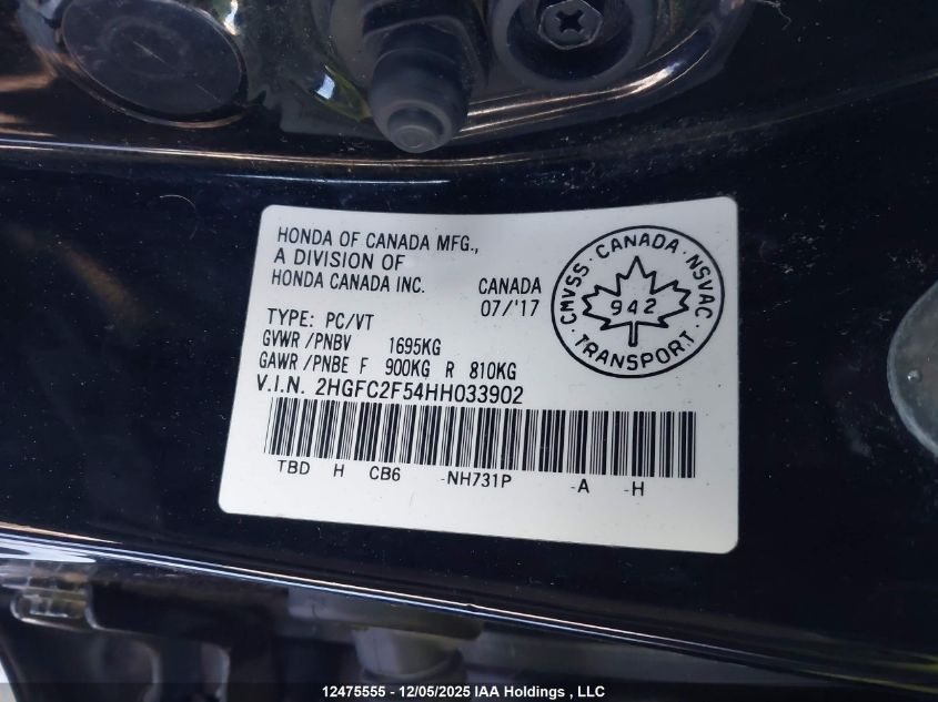 2017 Honda Civic Lx VIN: 2HGFC2F54HH033902 Lot: 12475555